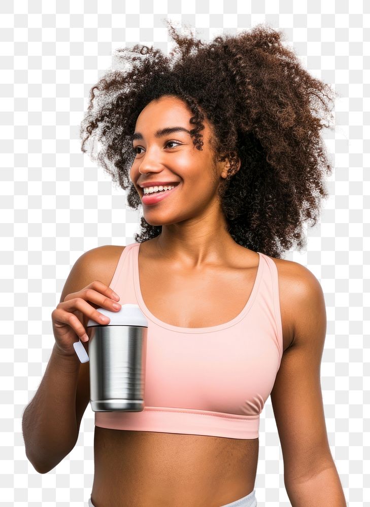 PNG  American woman in soft pink top exercise holding white background refreshment.