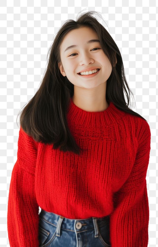 PNG Asian teenager girl sweater smile happy.