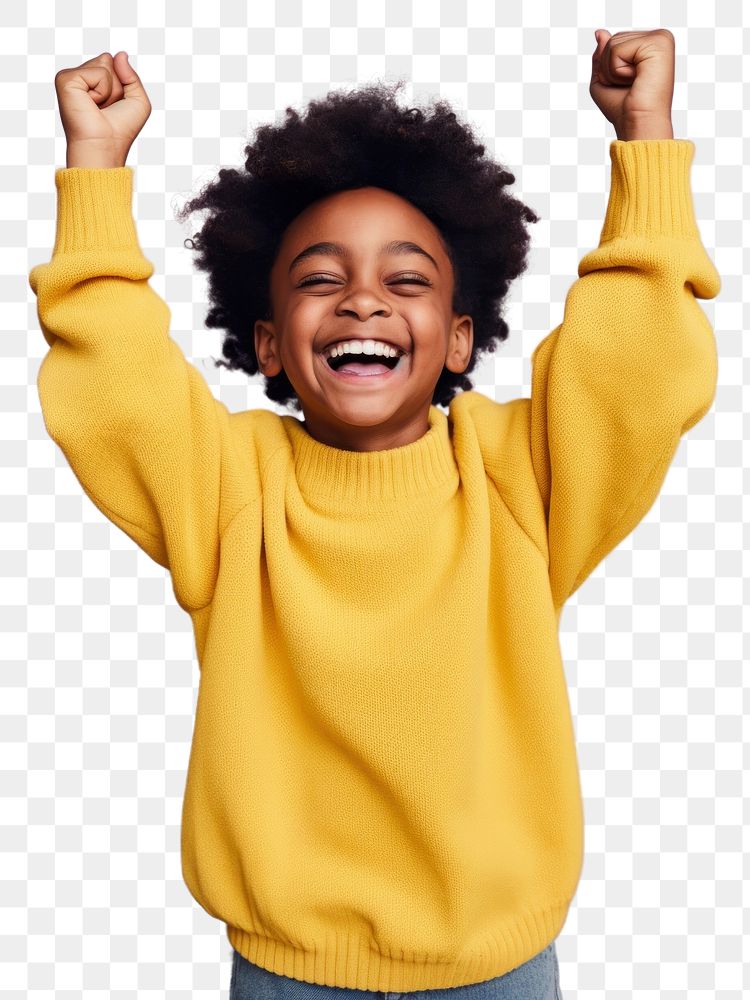 PNG African boy with his hands up sweater laughing yellow.