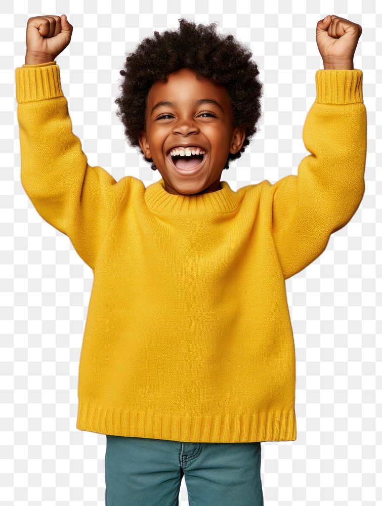 PNG African boy with his hands up sweater laughing yellow.