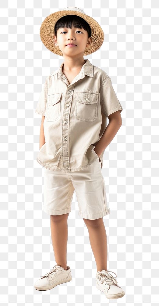 PNG Asian boy wearing summer fashion child khaki white background.