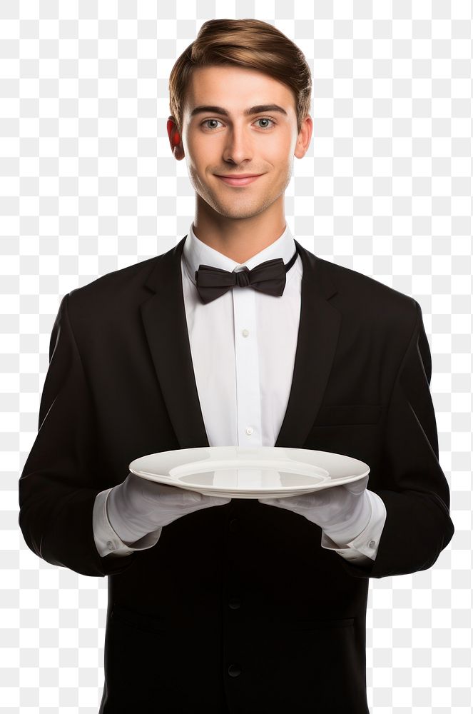 PNG  Male food server plate holding tuxedo. AI generated Image by rawpixel.