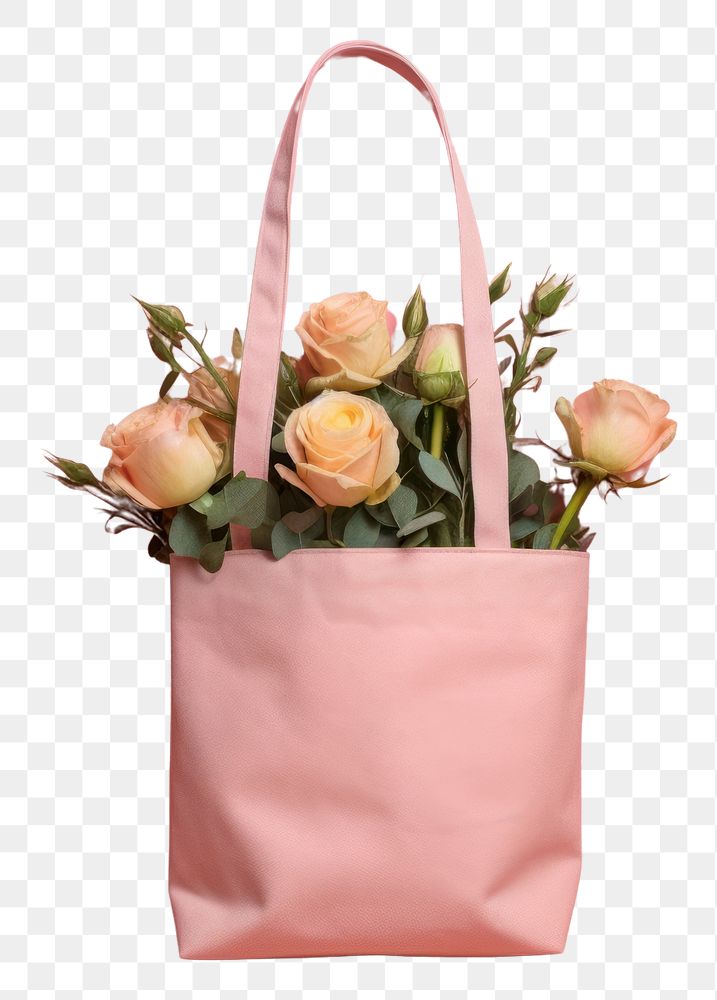 PNG Pink fabric tote bag with roses in side handbag flower purse