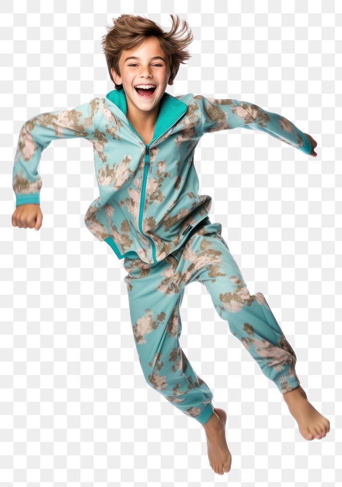 PNG  A boy in pajamas white background excitement happiness.