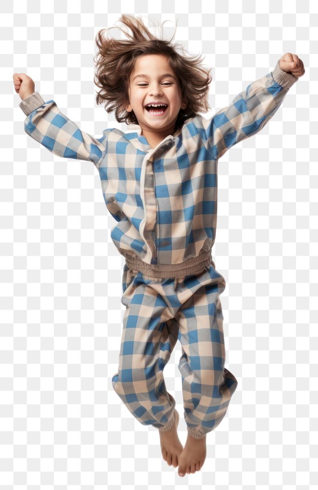PNG  A boy in pajamas jumping happy white background.
