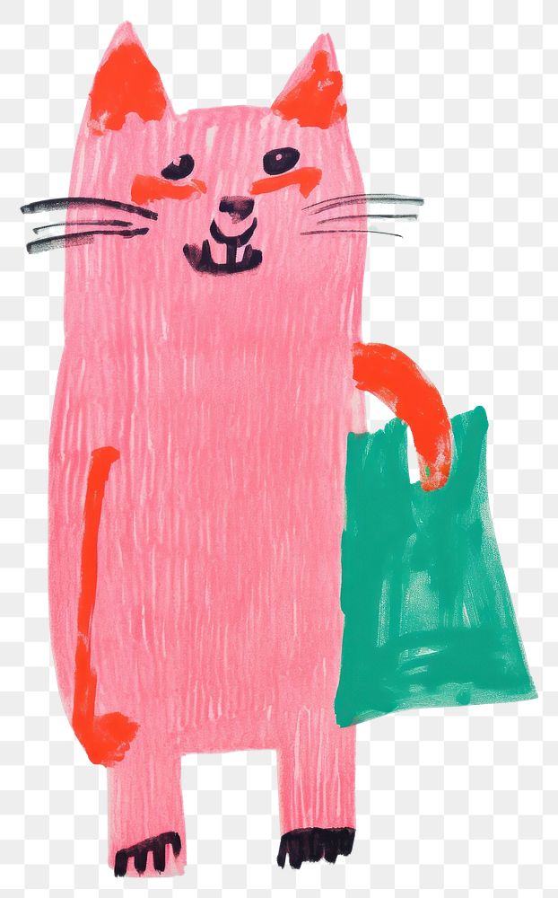 PNG Fashioned cat holding a shopping bag animal art painting.