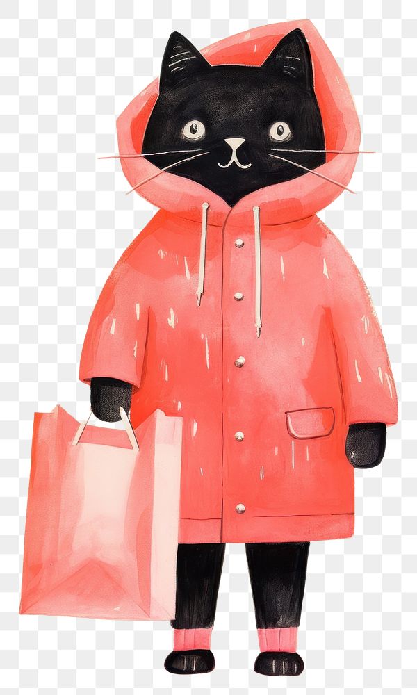 PNG Cat in winter coat holding a shopping bag art representation carnivora.