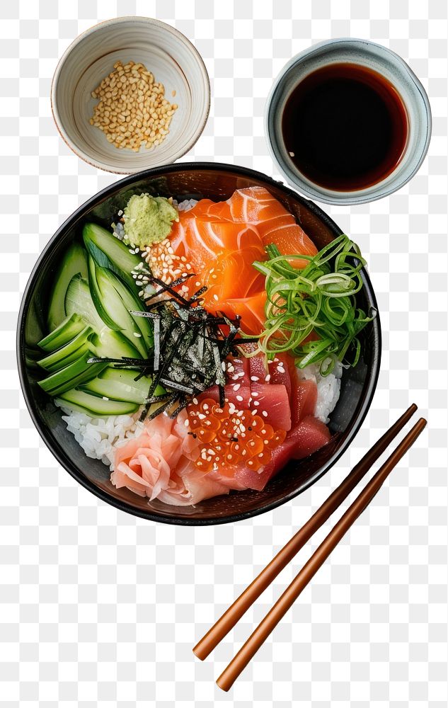 PNG  Sashimi Rice Bowl chopsticks plate food. AI generated Image by rawpixel.