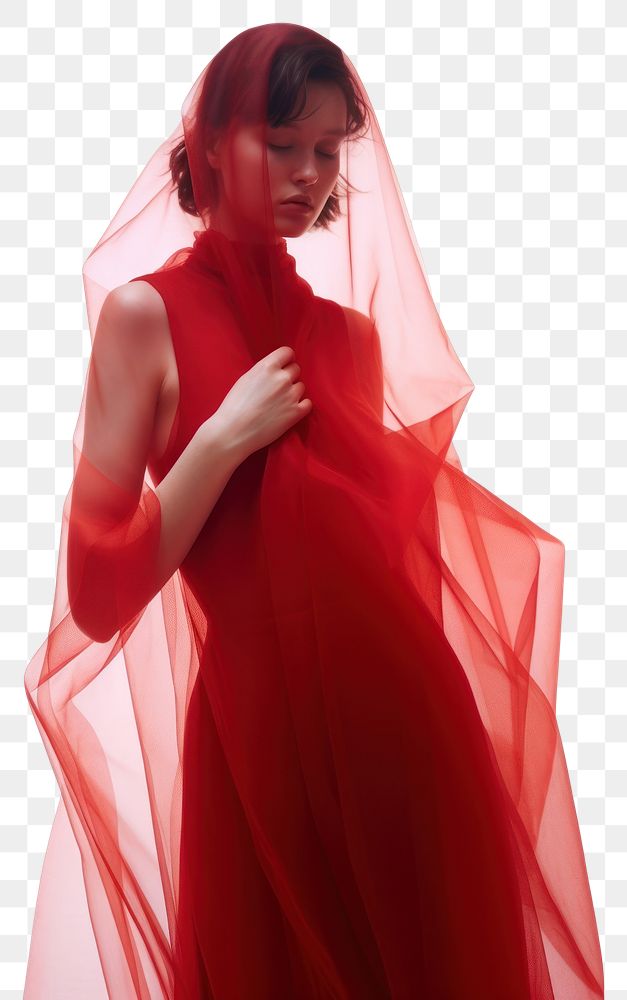 PNG A woman in red dress with red transparent fabric photography portrait fashion.