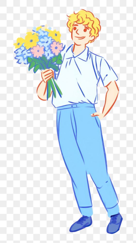 PNG Doodle illustration young man drawing cartoon flower.