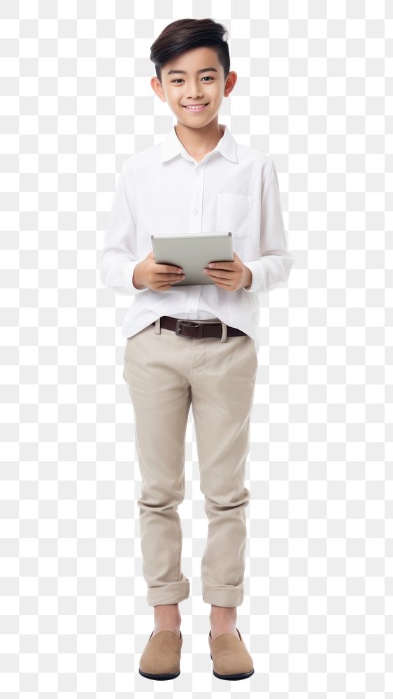 PNG Asian boy student using tablet standing adult white background.