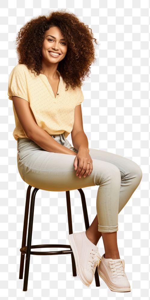 PNG Smiling woman sitting on stool hair individuality curly hair.