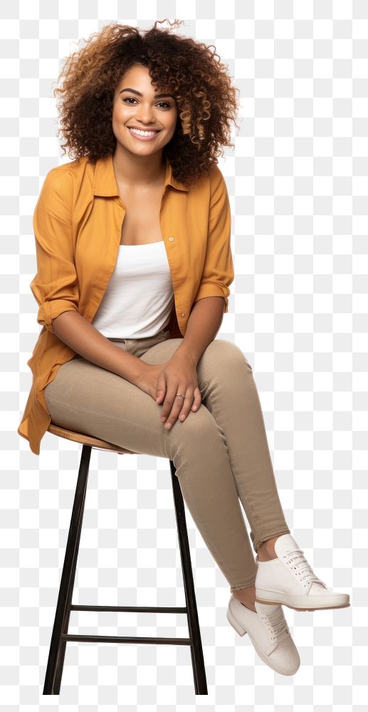 PNG Smiling woman sitting on stool adult white background curly hair.