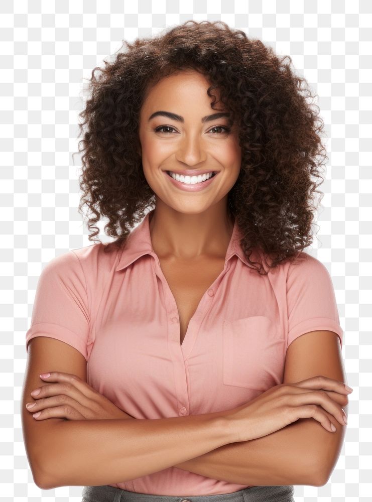 PNG Smiling tan woman cross arms pose smile adult white background.