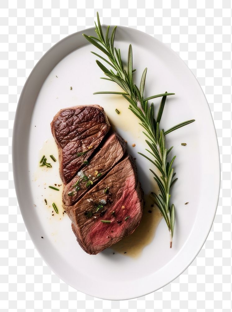PNG A beef steak plate rosemary table.