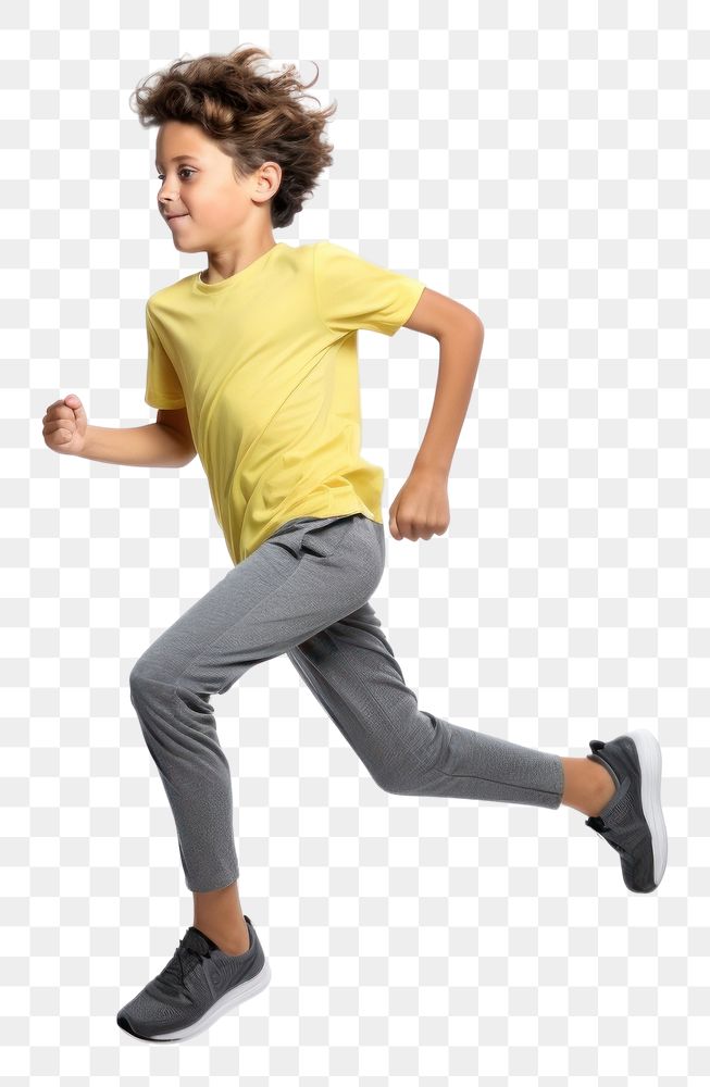 PNG  An eight year old wearing modern sport cloth running jumping sports white background.