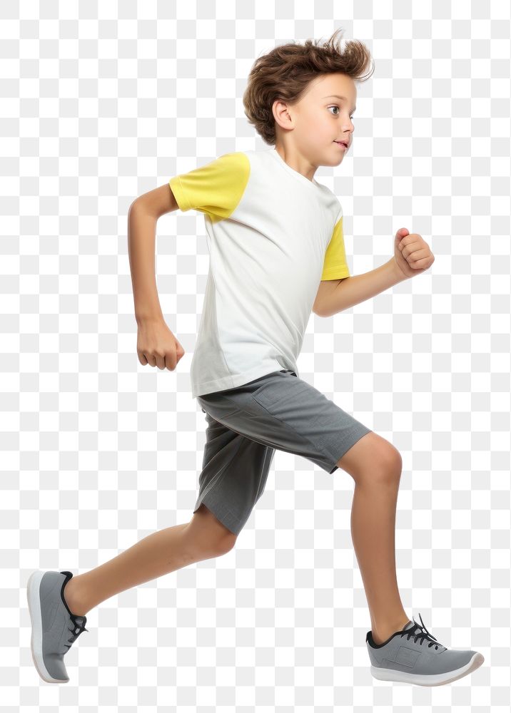 PNG  An eight year old wearing modern sport cloth running jogging sports shorts.