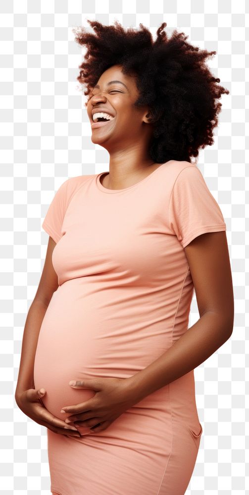 PNG  Happy Pregnant black Woman pregnant portrait laughing.