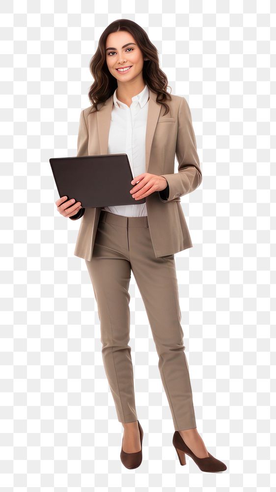 PNG Full length portrait of a smiling businesswoman carrying laptop computer and cup of coffee standing adult white…