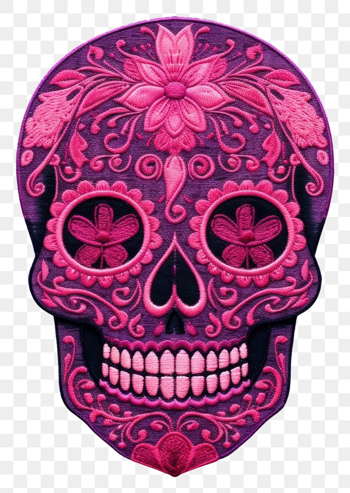 PNG Pink skull in embroidery style pattern purple art.