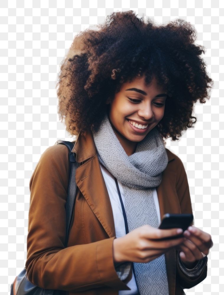 PNG  Smart phone smiling adult woman.