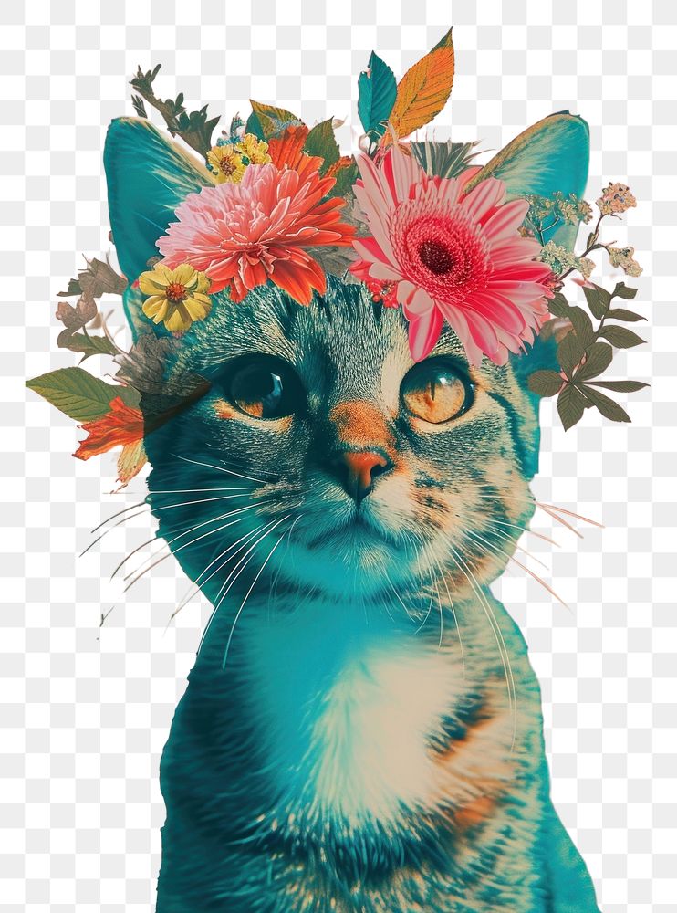 PNG Dreamy Retro Collages whit a happy cat animal mammal flower.