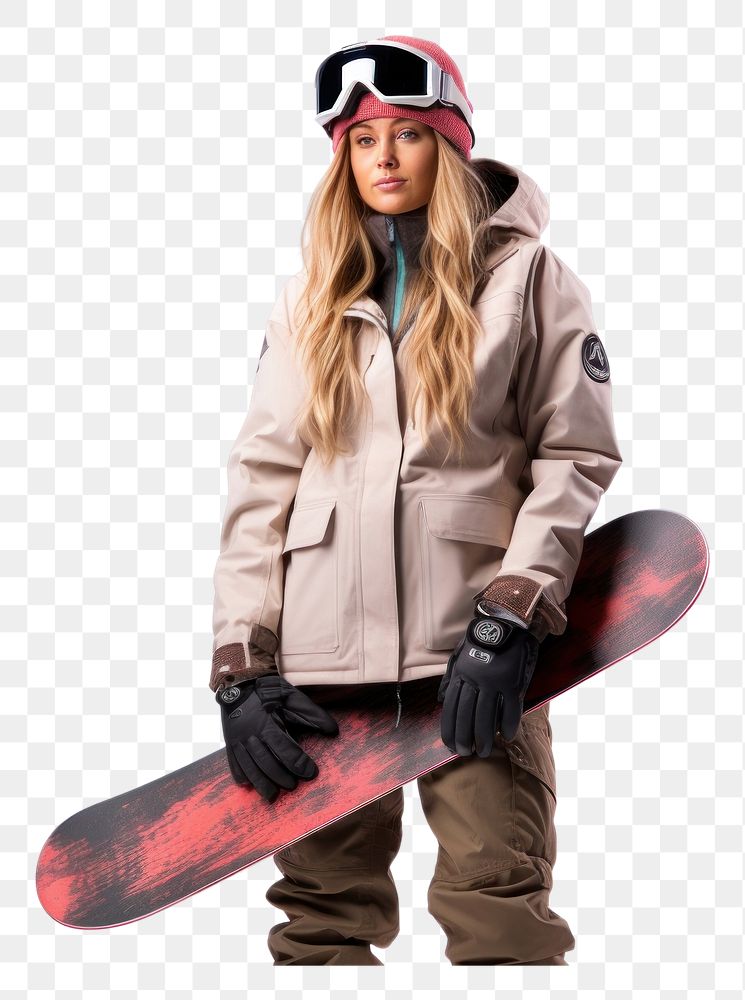 PNG Female snowboarder holding a board snowboarding sports white background.