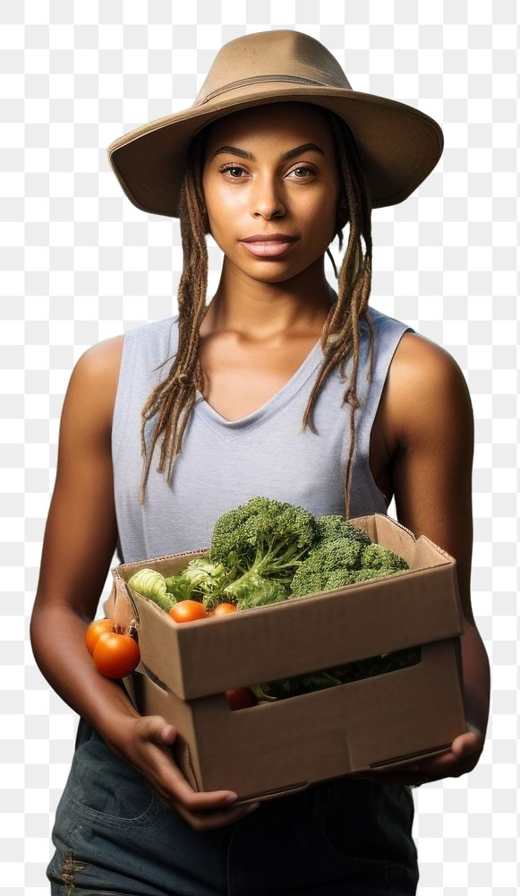 PNG Woman carrying a box with vegetables in a urban community garden agriculture gardening outdoors.