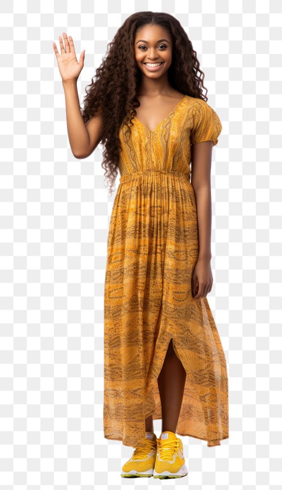 PNG African woman long hair fashion yellow dress.