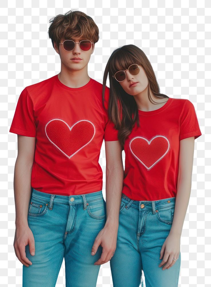 PNG Couple wearing heart-shaped matching shirts love togetherness friendship.