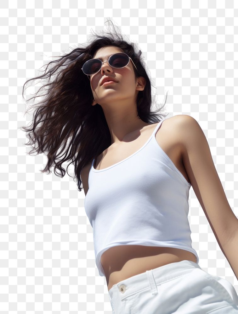 PNG A young woman wearing chunky narrow square acetate frame brown sunglasses a white tanktop blue sky accessories.