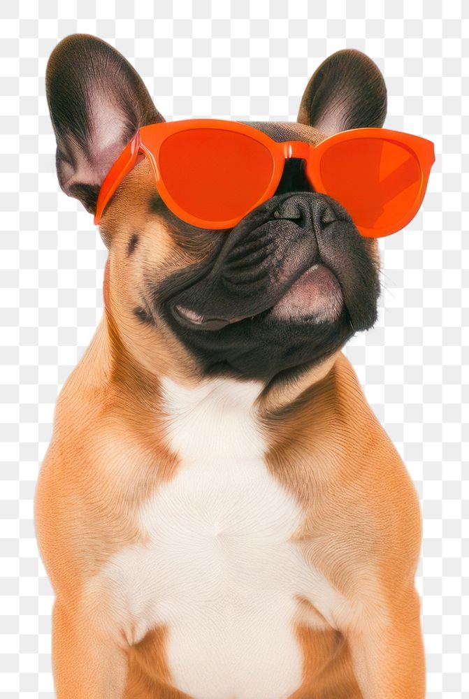 PNG A french bulldog wearing sunglasses on a blue background animal mammal humor. AI generated Image by rawpixel.