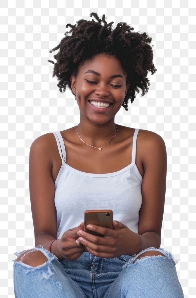 PNG Black Woman short hair smiling sitting smile photo.