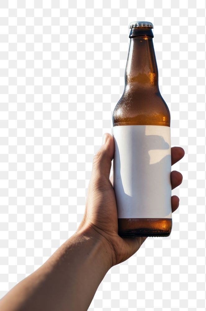 PNG Holding beer bottle with blank white label drink blue sky.