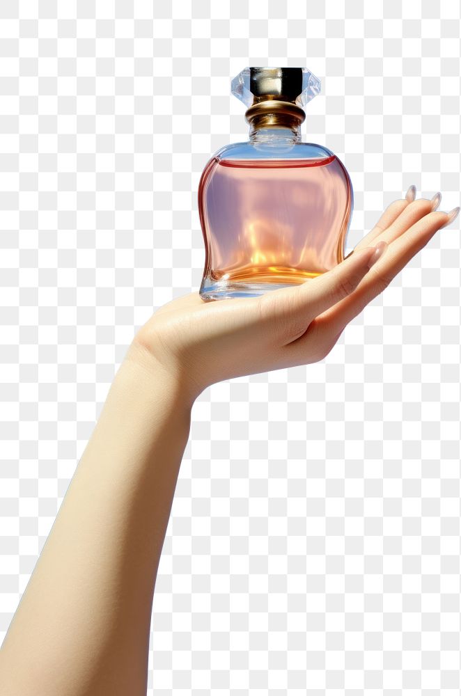 PNG Hand holding perfume cosmetics bottle blue.