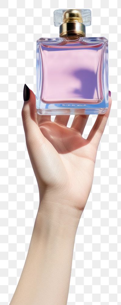 PNG Hand holding perfume cosmetics blue sky.