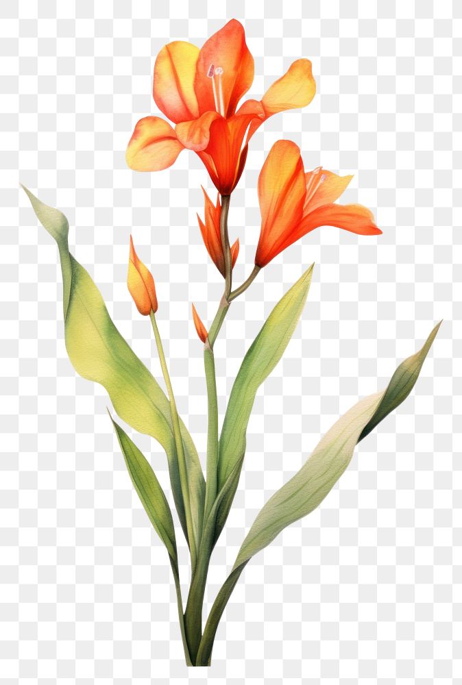 PNG Watercolor canna lily flower gladiolus plant white background.