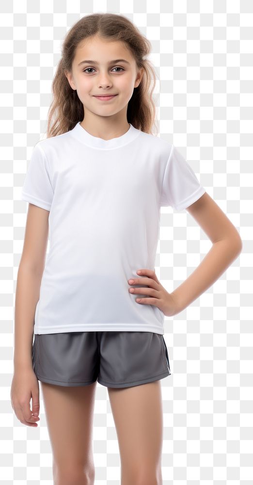 PNG A kid girl wearing blank white school kids sport uniform mockup portrait t-shirt shorts.