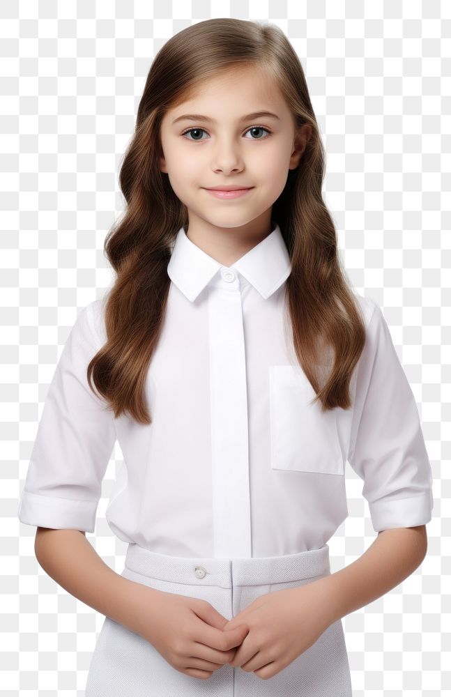 PNG A kid girl wearing blank white student uniform mockup portrait blouse shirt.