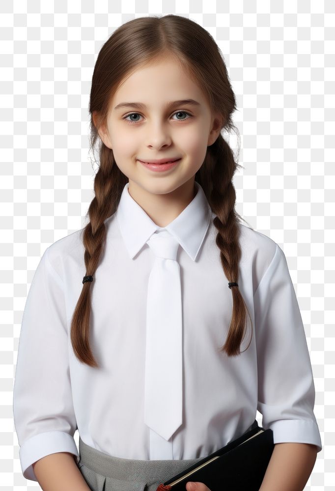PNG A kid girl wearing blank white student uniform mockup portrait shirt accessories.