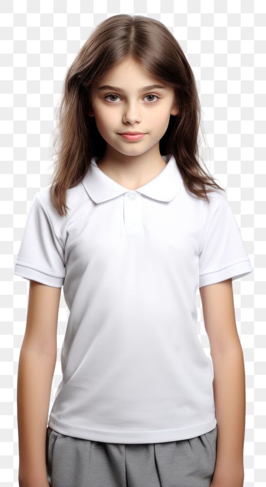 PNG A kid girl wearing blank white school kids sport uniform mockup portrait t-shirt sleeve.