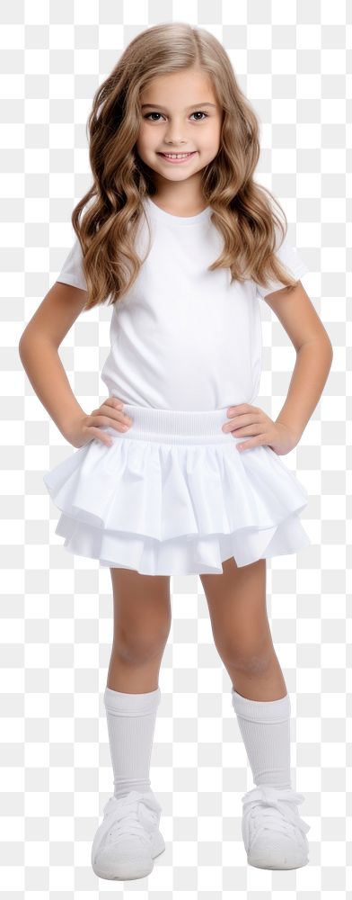 PNG A kid girl wearing blank white cheerleader costume mockup miniskirt footwear portrait.