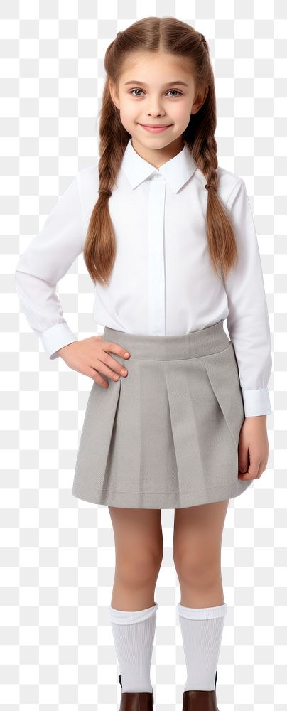 PNG A kid girl wearing blank white student uniform mockup miniskirt portrait blouse.
