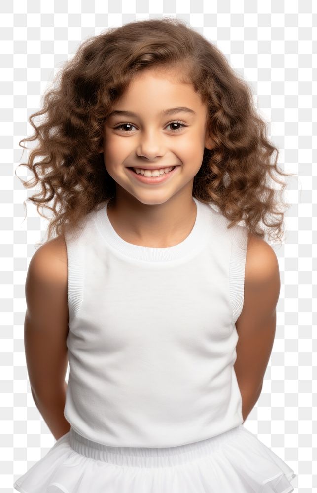 PNG A kid girl wearing blank white cheerleader costume mockup portrait child smile.
