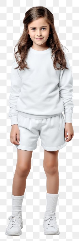 PNG A kid girl wearing blank white school kids sport uniform mockup sweatshirt portrait sleeve.