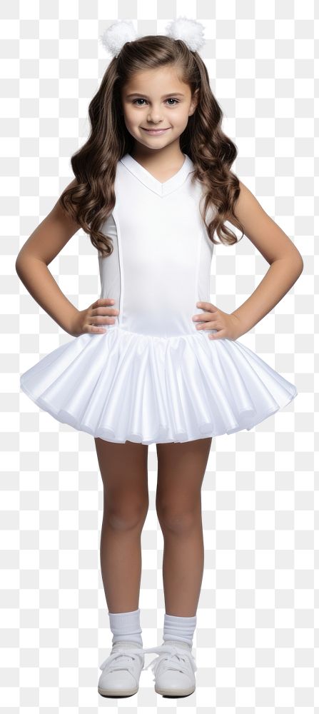 PNG A kid girl wearing blank white cheerleader costume mockup miniskirt portrait dancing.