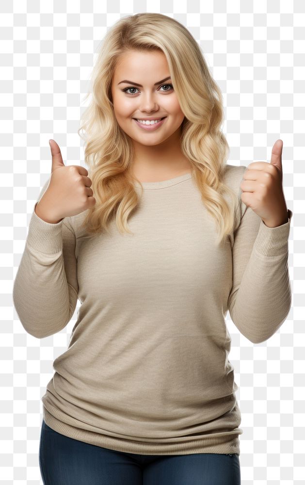 PNG A chubby overweight young woman showing thumb up like gesture looking at the camera sweater sleeve finger. AI generated…