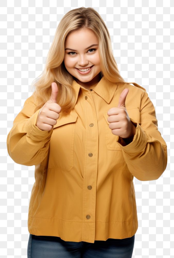 PNG A chubby overweight young woman showing thumb up like gesture looking at the camera blouse finger coat. AI generated…