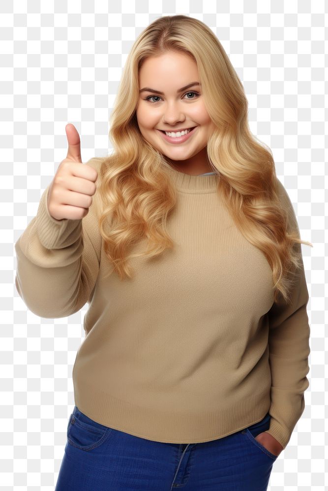 PNG A chubby overweight young woman showing thumb up like gesture looking at the camera portrait sweater finger. AI…