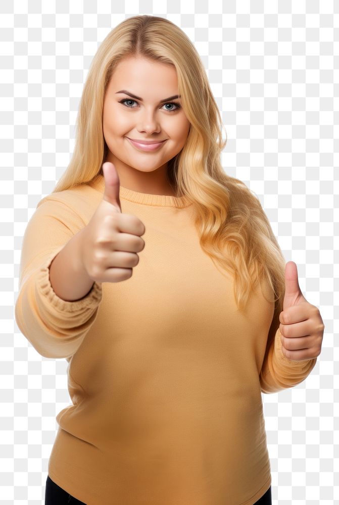 PNG A chubby overweight young woman showing thumb up like gesture looking at the camera finger adult hand. AI generated…